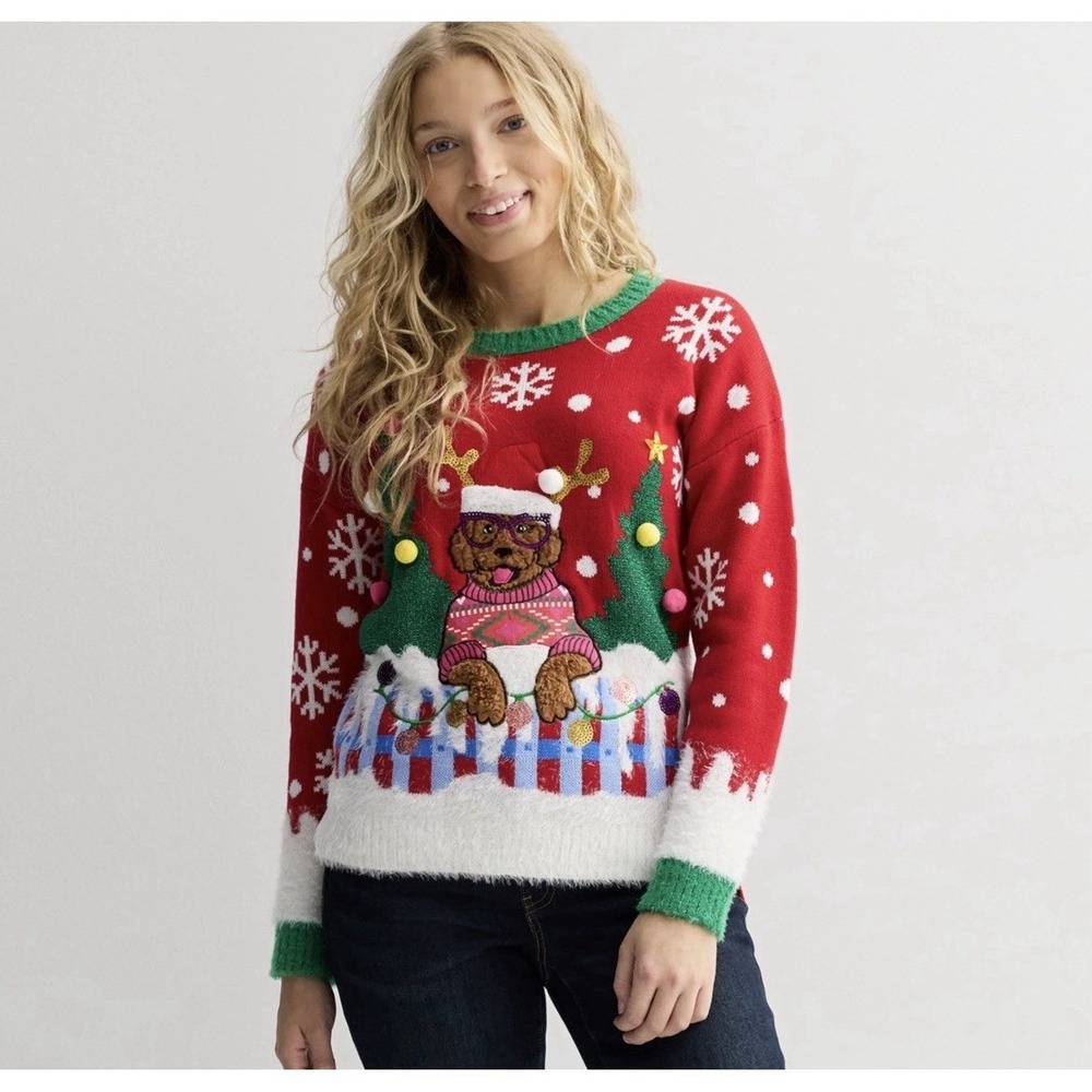 New Jollidays Ugly Christmas Sweater Dog Reindeer Lights Women's 2XL